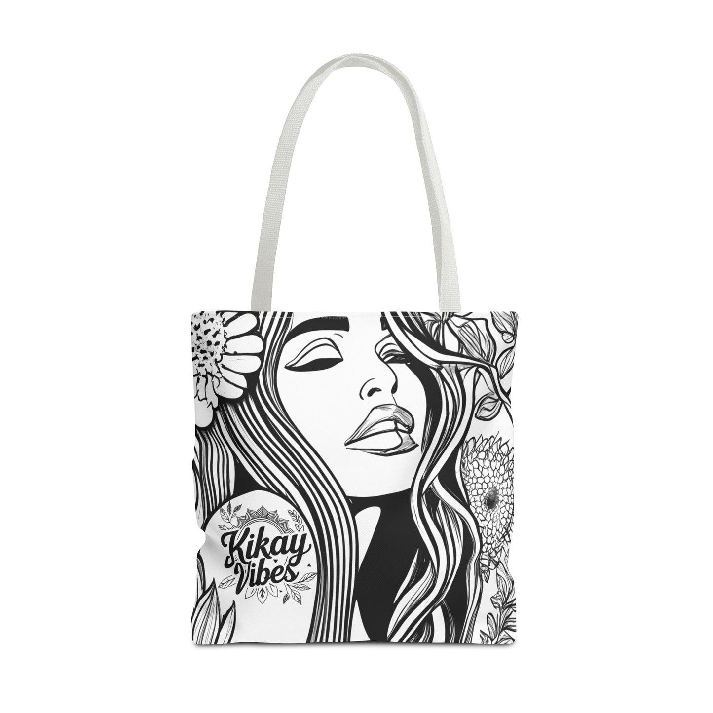 Kikay Vibes Floral Portrait Tote Bag — Black & White AOP Fashion Tote