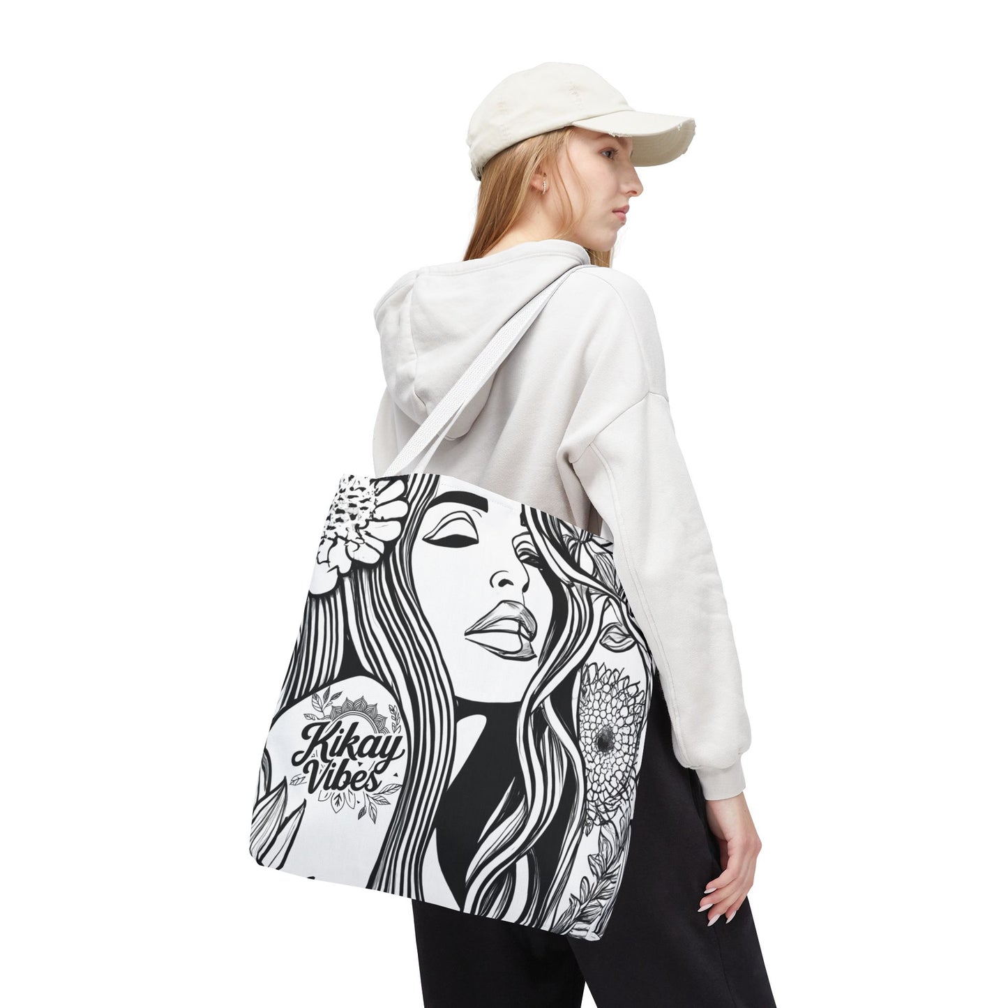 Kikay Vibes Floral Portrait Tote Bag — Black & White AOP Fashion Tote